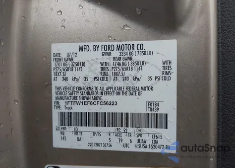 2012 Ford F-150 Xlt from USA, damaged, VIN 1FTFW1EF8CFC56223